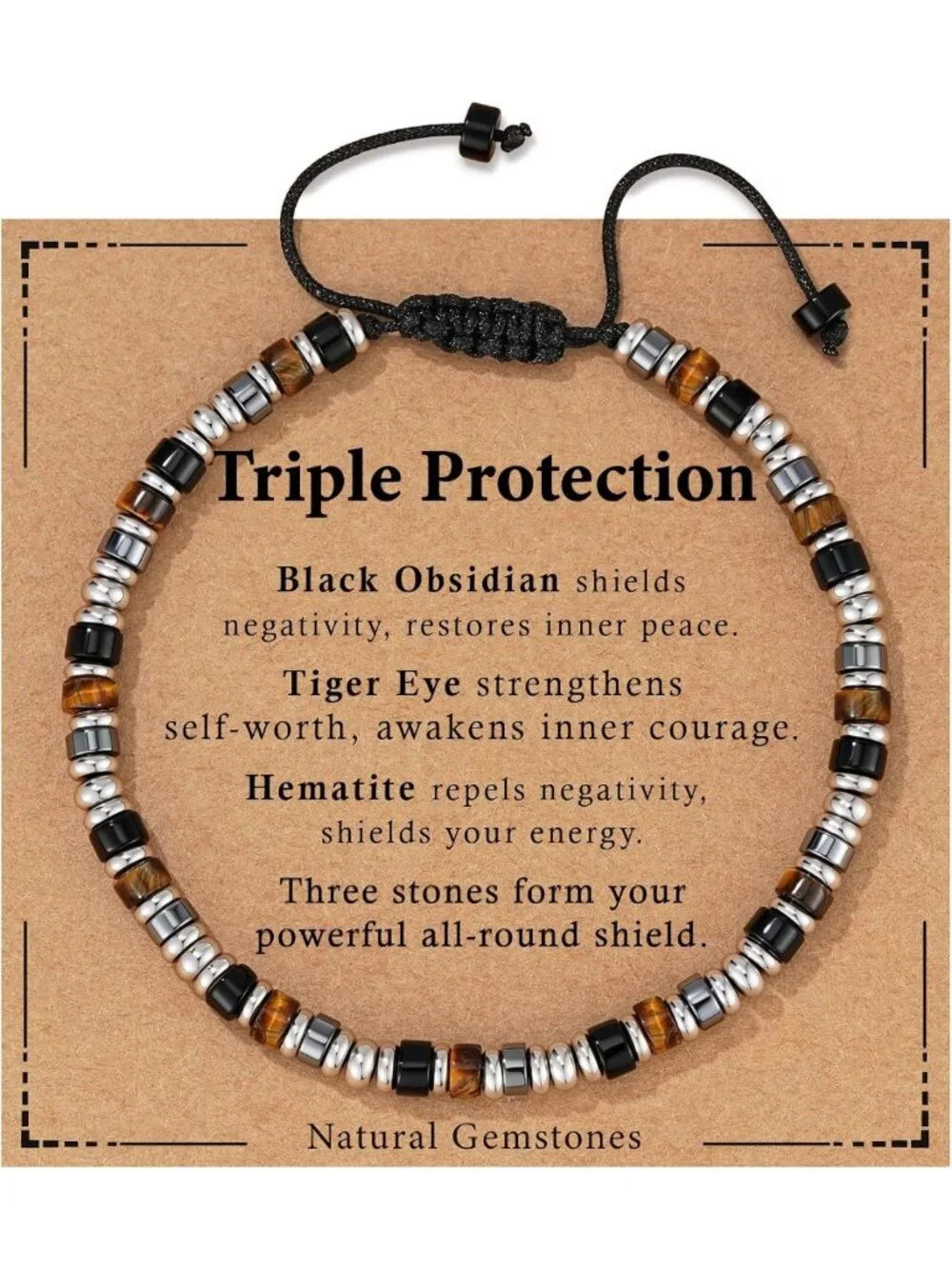 Triple Protection Healing Crystal Bracelet for Men - Hematite, Black Obsidian